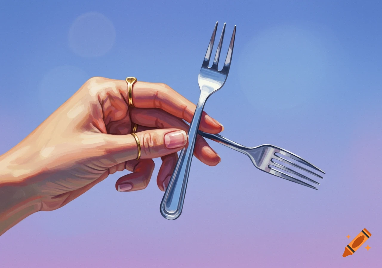 A hand holding two silver forks against a blue and purple gradient background.