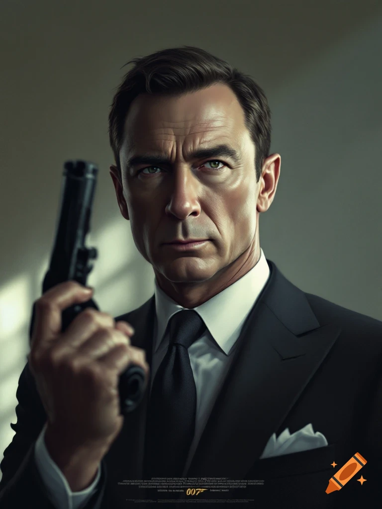 A man resembling Daniel Craig as James Bond in a black suit holds a pistol, looking intensely forward in a photorealistic movie poster style.