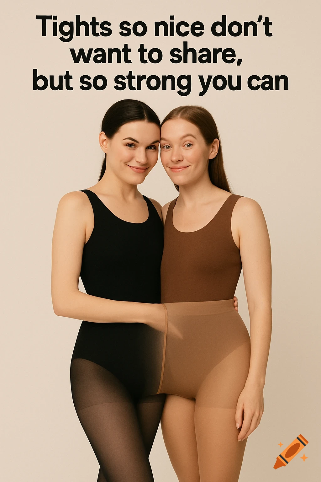 Two women in bodysuits share one pair of tights, creating an illusion, with advertising text.