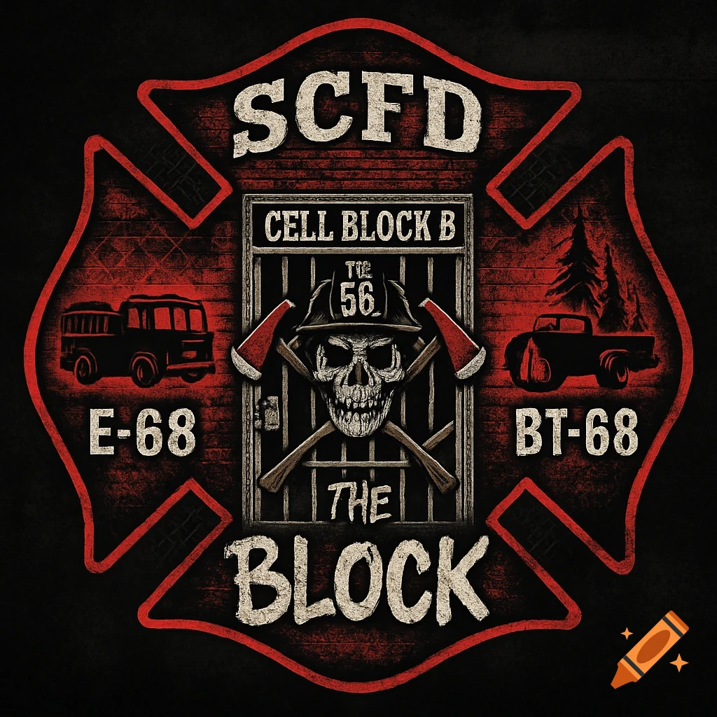 A distressed logo shaped like a red Maltese cross with a skull wearing a firefighter helmet and crossed axes in a jail cell. Text reads SCFD, Cell Block B, E-68, BT-68, and The Block.
