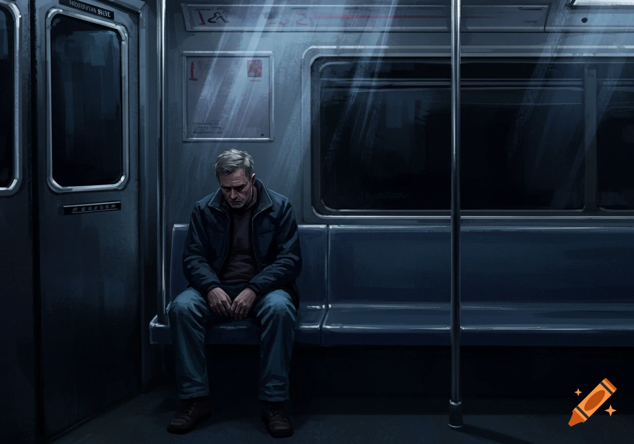 A sad man sits alone on a bench in a dimly lit, dark blue subway car, looking down.