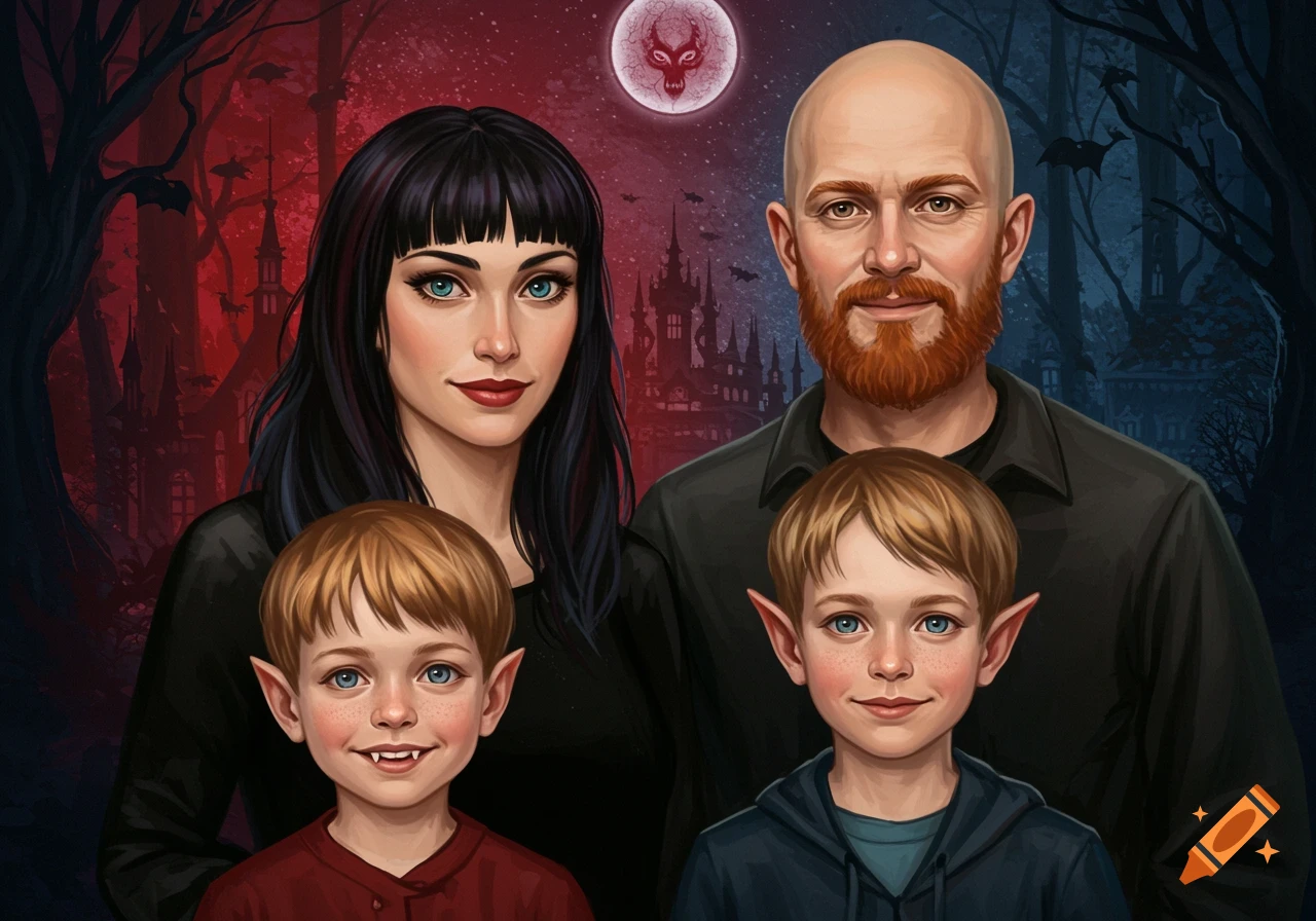 A digital illustration of a fantasy family with a bald father, dark-haired mother, and two sons with pointy ears and fangs, set at night with a castle and red moon.