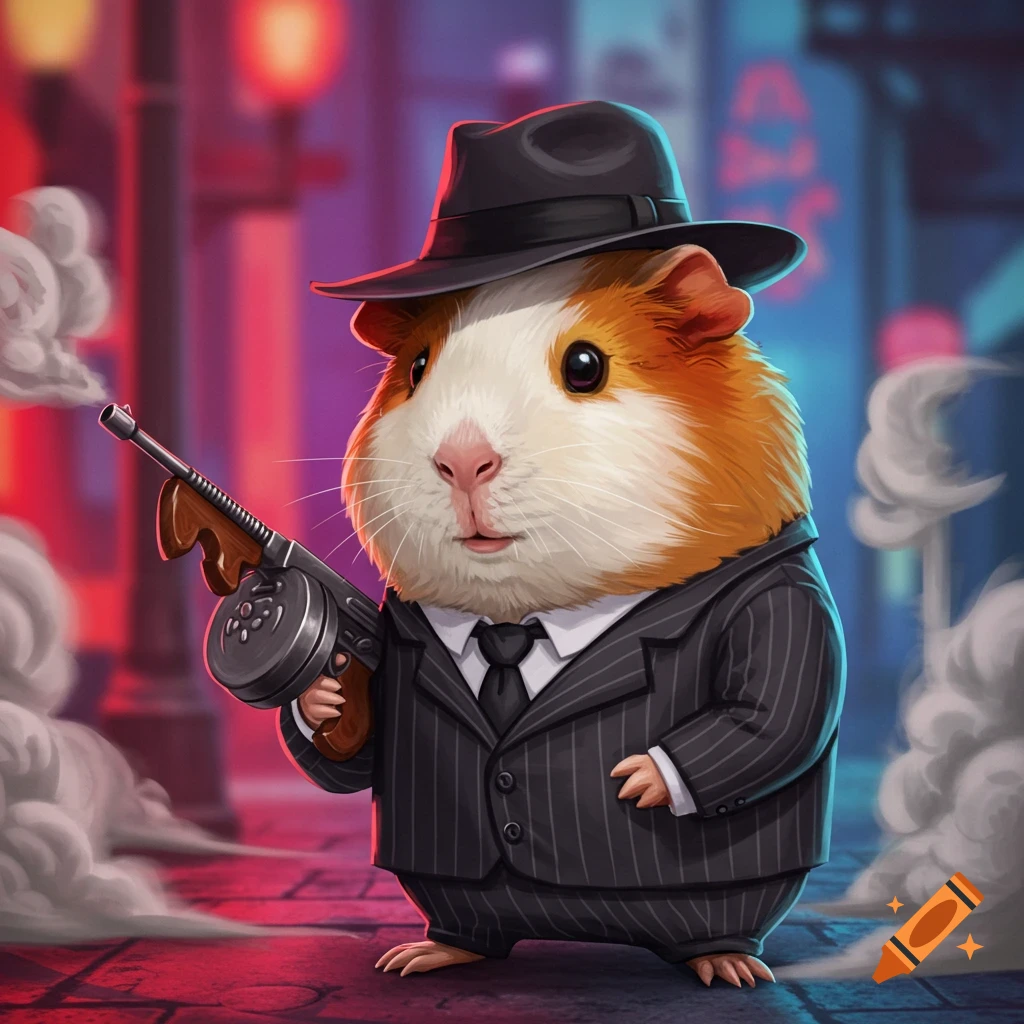 A cartoon guinea pig gangster in a suit and fedora holds a Tommy gun amidst smoke on a neon-lit street.