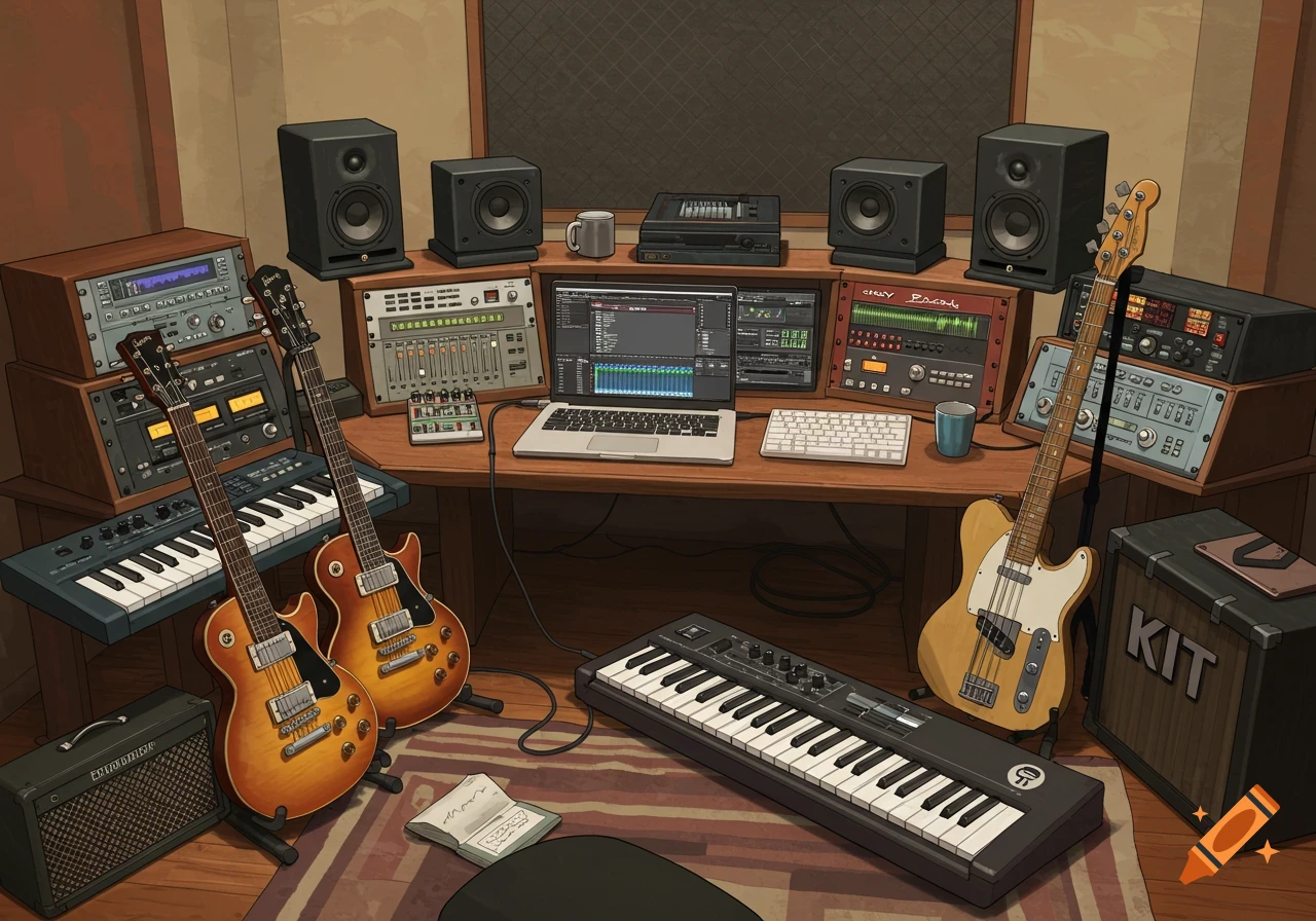 An isometric illustration of a home music studio filled with guitars, keyboards, audio equipment, a laptop, and speakers.