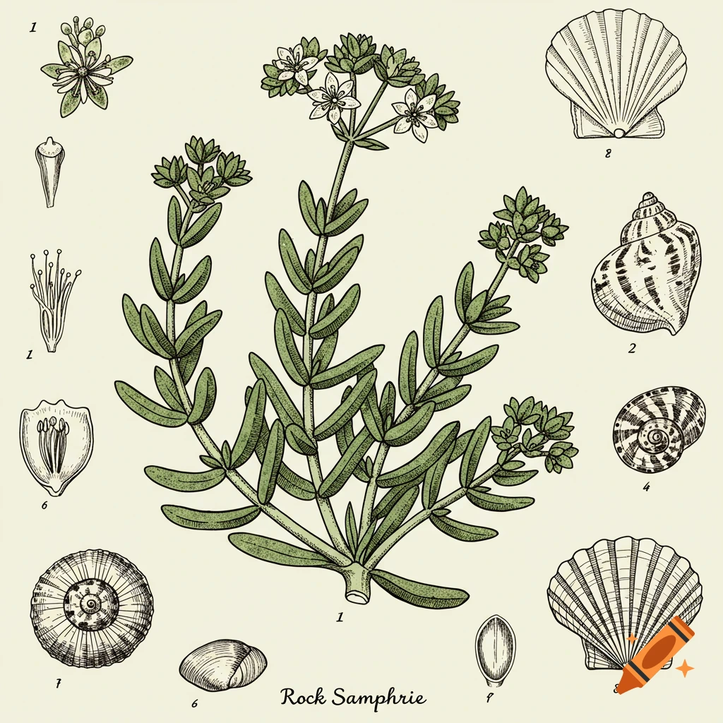 Detailed botanical illustration of a rock samphire plant with white flowers and several seashells on a light background.