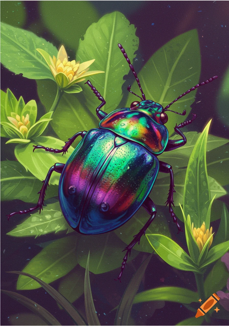 A vibrant iridescent beetle with green, blue, and purple colors resting on large green leaves with small yellow flowers.