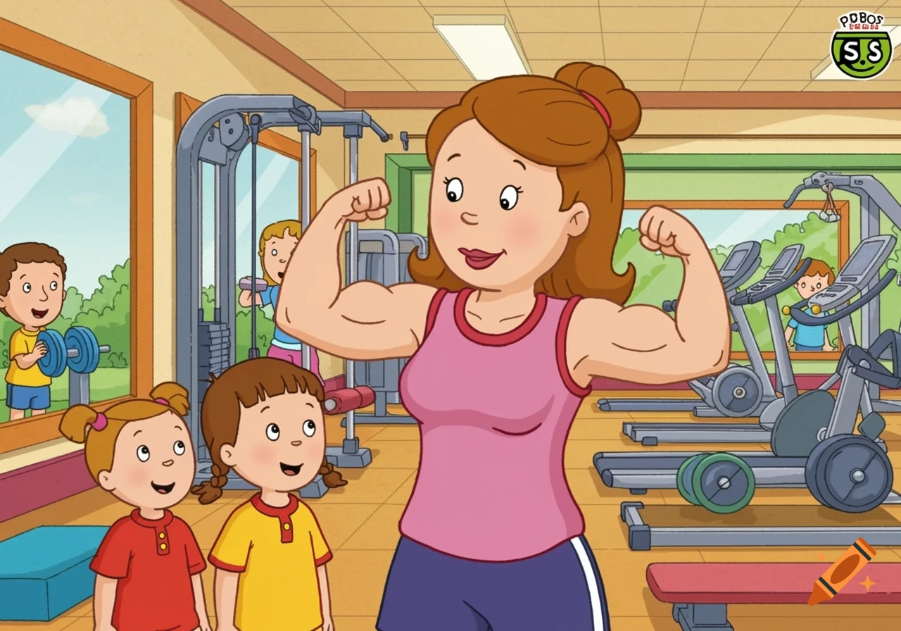 Cartoon image of a mother flexing her bicep muscles in a gym, watched by two young children.