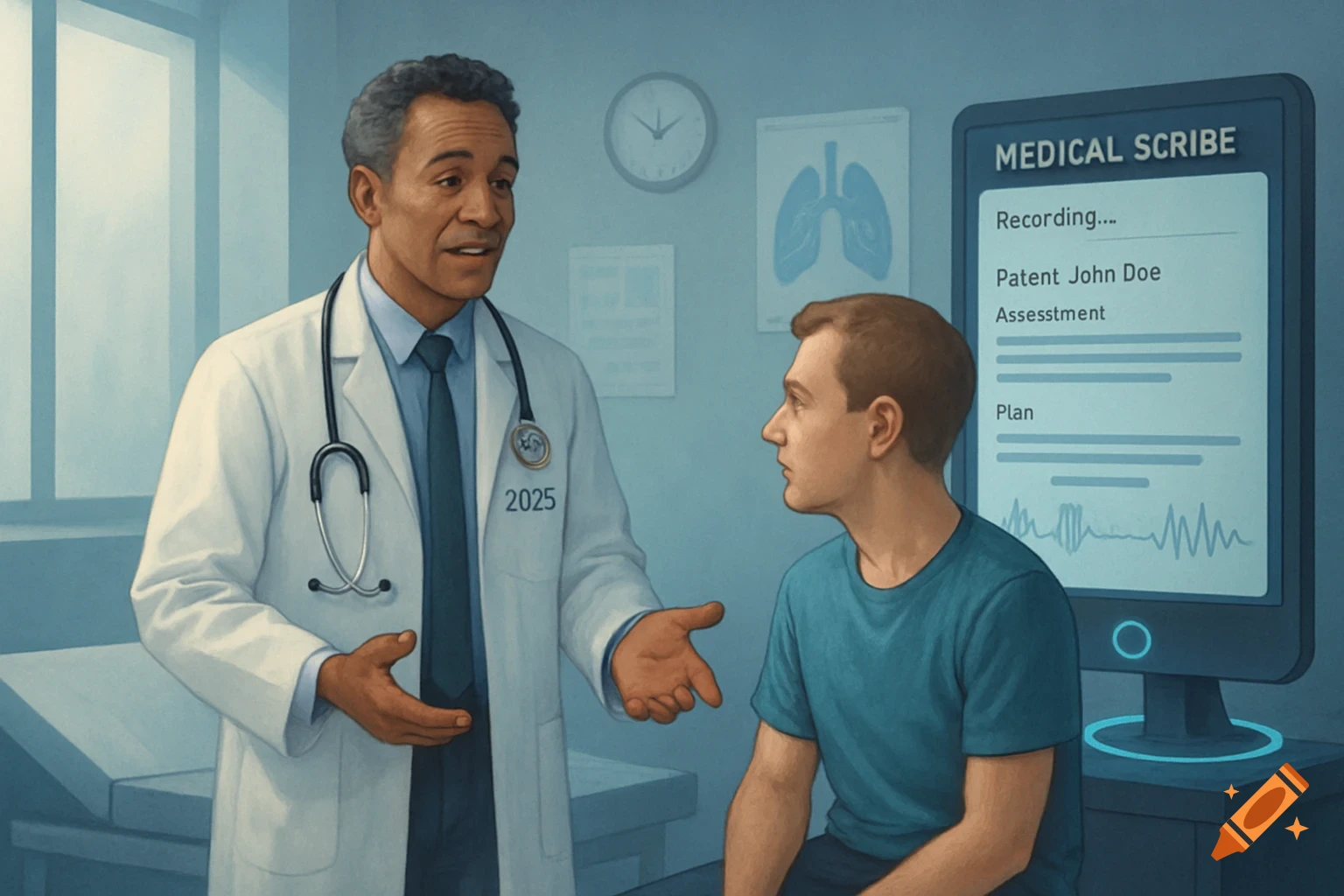 An illustration of a doctor talking to a patient in a medical exam room, with a 'Medical Scribe' monitor visible.