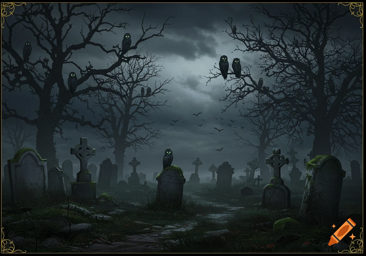 A spooky graveyard at night with bare trees, mossy gravestones, and glowing-eyed owls.