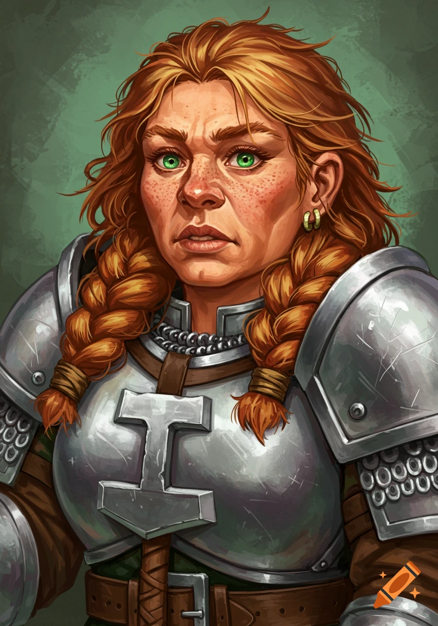 A close-up portrait of a female dwarven cleric with red braided hair ...