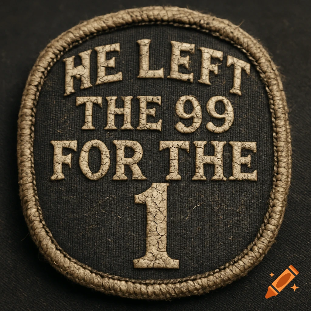 Macro shot of a vintage, distressed black and beige embroidered patch with the text 'He left the 99 for the 1' and frayed edges.