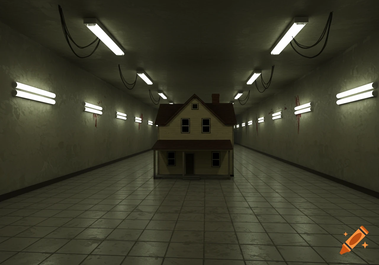 A small house stands centered in a long, eerie, tiled corridor illuminated by fluorescent lights, some with red stains.