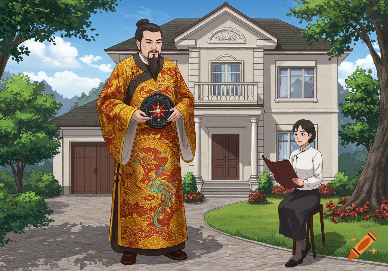A man in a red and gold dragon-patterned robe holds a compass, standing before a large villa where a woman sits reading.