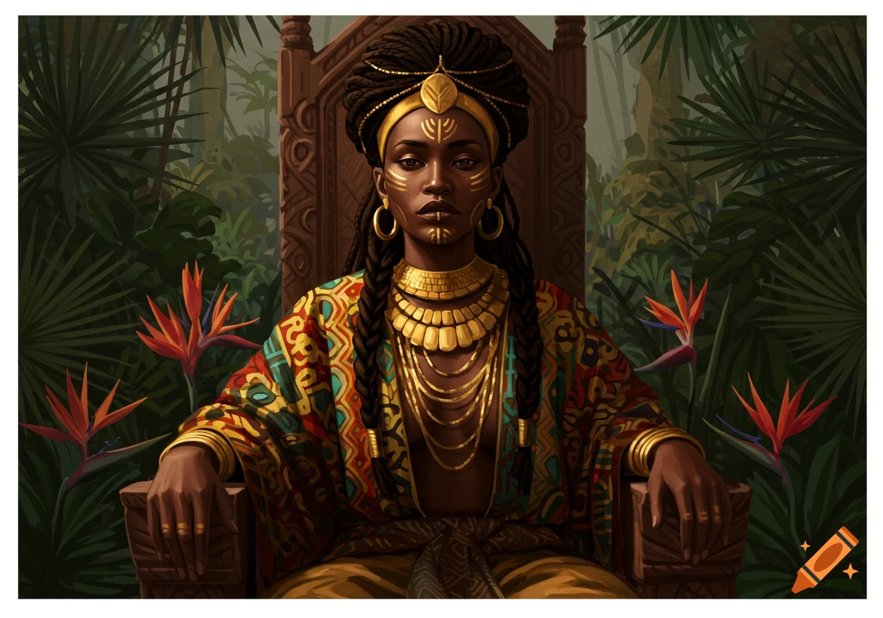 A detailed illustration of an African queen with elaborate gold jewelry and face paint, seated regally on a throne in a lush jungle setting.