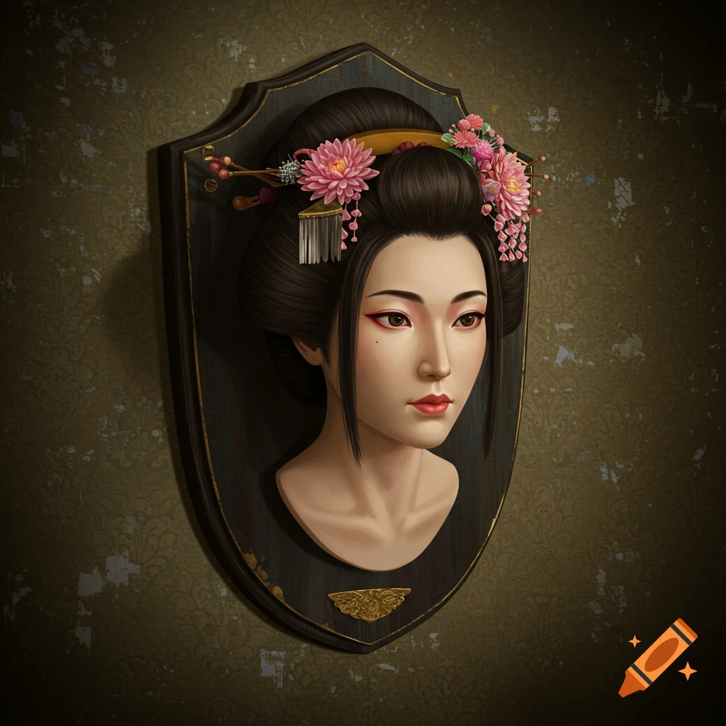 A realistic bust portrait of a Japanese woman with traditional hair and pink flowers, mounted on a dark plaque against a patterned wall.