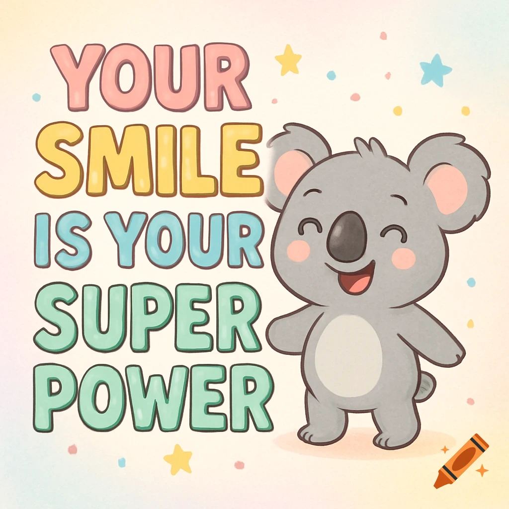A cute cartoon koala smiles happily next to the quote 'Your smile is your superpower' in colorful, fun letters.