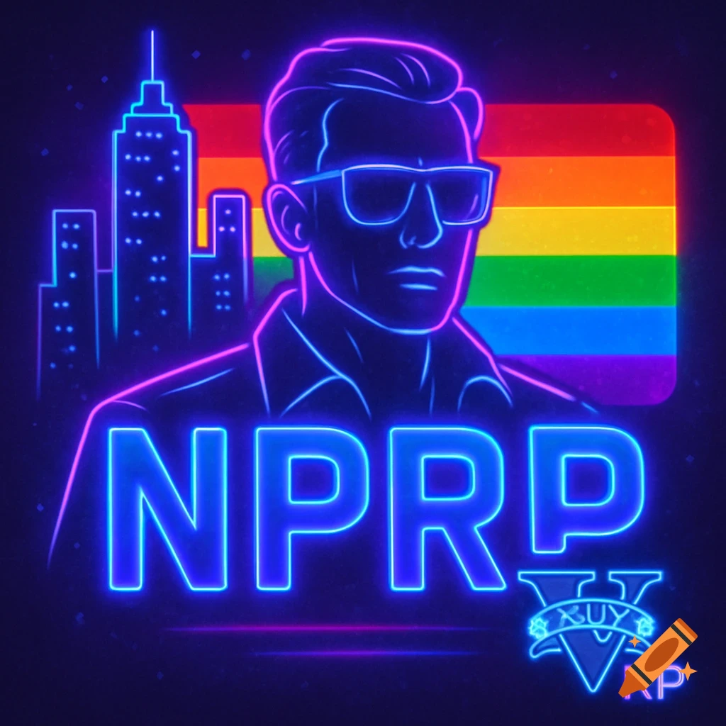 Neon outline of a man in sunglasses with a cityscape and pride flag in the background, featuring text 'NPRP'.