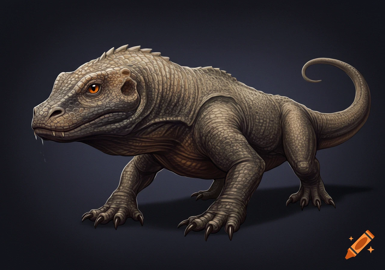 Detailed illustration of a Komodo dragon with textured scales, orange eyes, and a curled tail, on a dark background.