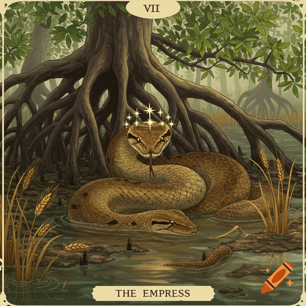 A detailed tarot card illustration of an anaconda with a starry crown in a swamp with mangrove roots, labeled 'VII THE EMPRESS'.