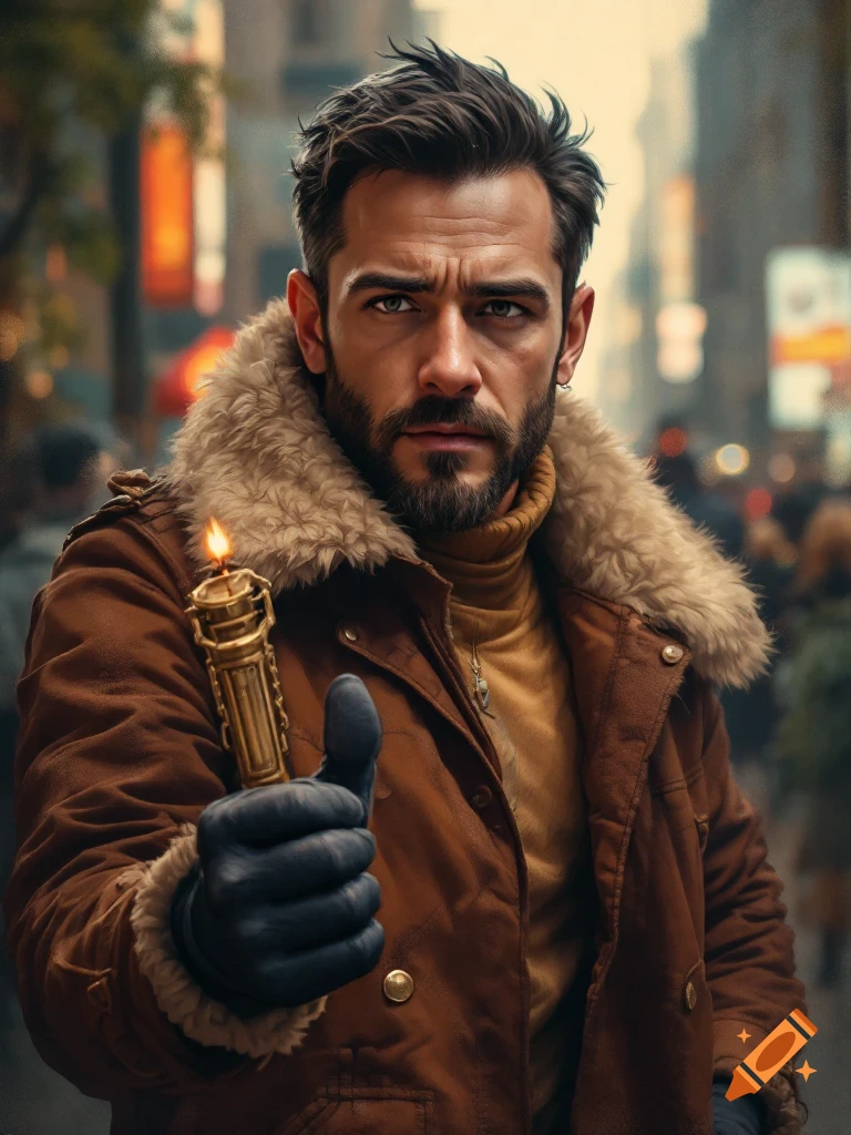 A photorealistic portrait of a bearded man in a brown fur-collared jacket holding a lit golden ornate object in an urban setting.