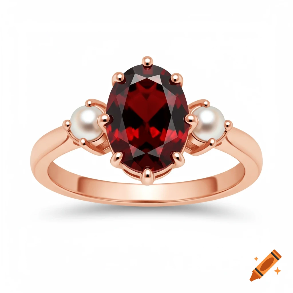 A rose gold ring featuring a large oval-cut red garnet gemstone flanked by a small white pearl on each side.