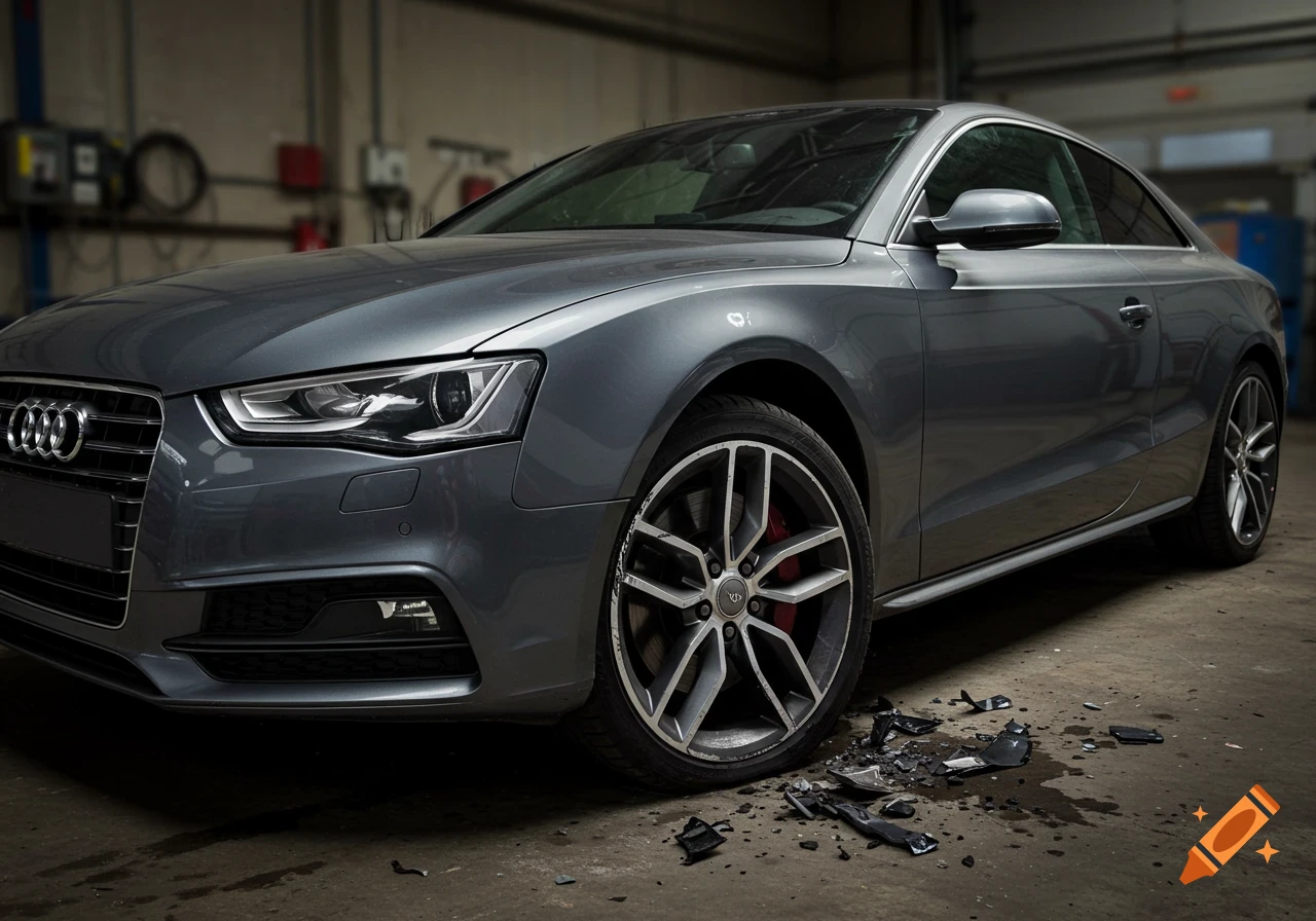 A grey Audi A5 car with a damaged front passenger wheel and debris on the ground, in a garage.