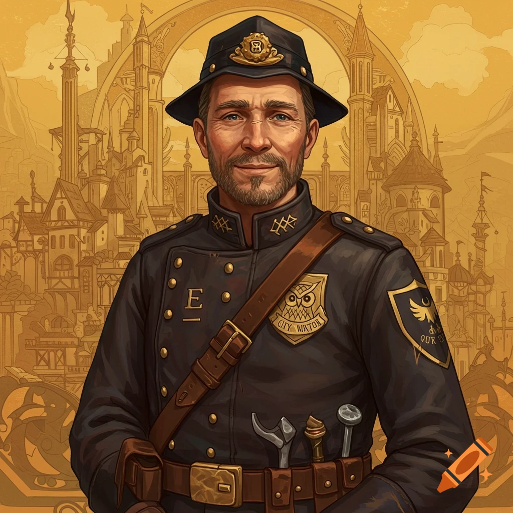 Portrait of a man in a dark, ornate uniform and hat, with badges, against a golden, intricate fantasy city background.