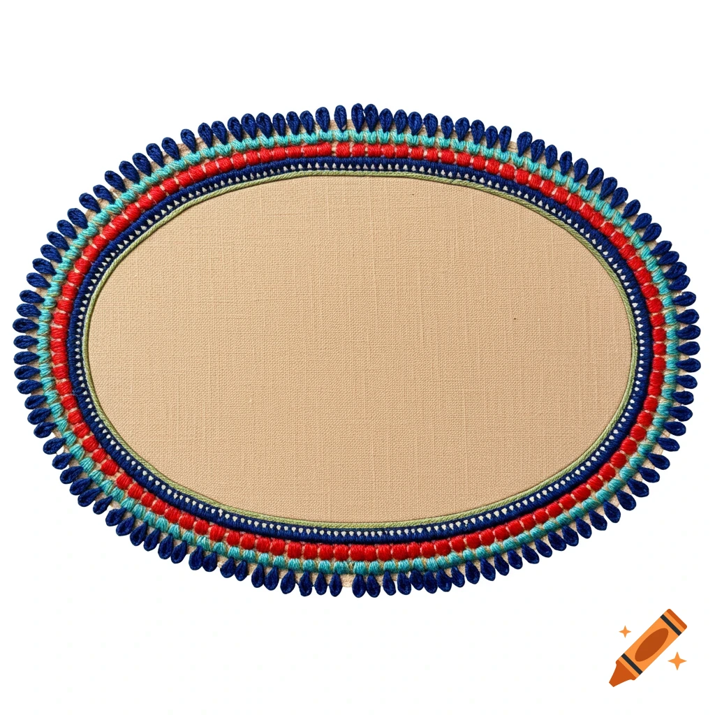 An oval-shaped piece of beige fabric with intricate hand embroidery around the edges in blue, red, and turquoise threads, set against a white background.