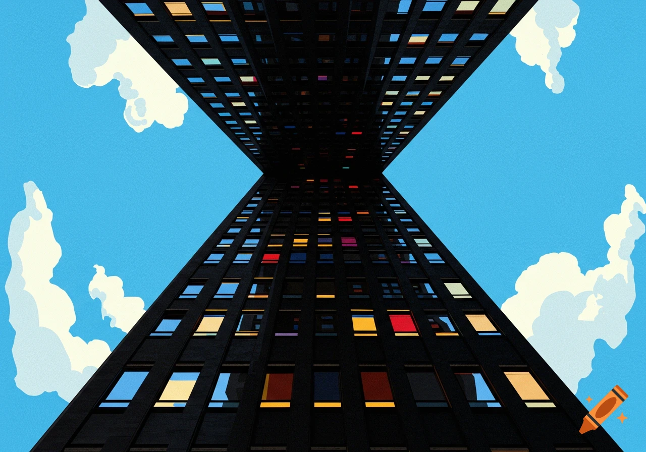 Worm's eye view of a tall black building with colorful windows, against a blue sky with stylized clouds, in a pop art style.