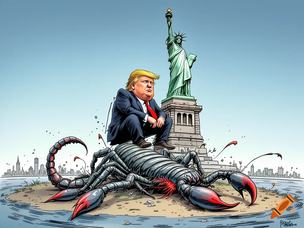 Color cartoon of Donald Trump as a large, defeated scorpion at the base of the Statue of Liberty on a small island.