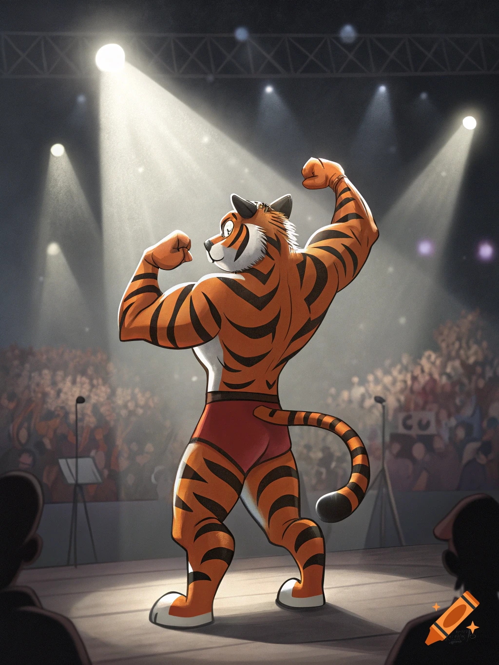 An anthropomorphic tiger in red briefs flexes his muscular back on a brightly lit bodybuilding stage in front of an audience.