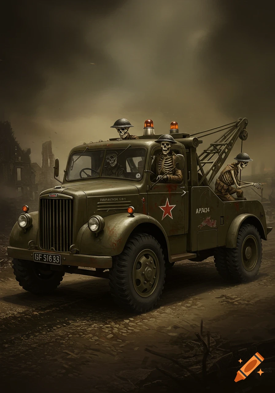 An old military tow truck driven by skeletons, with more skeletons as crew, in a ruined, dusty landscape.