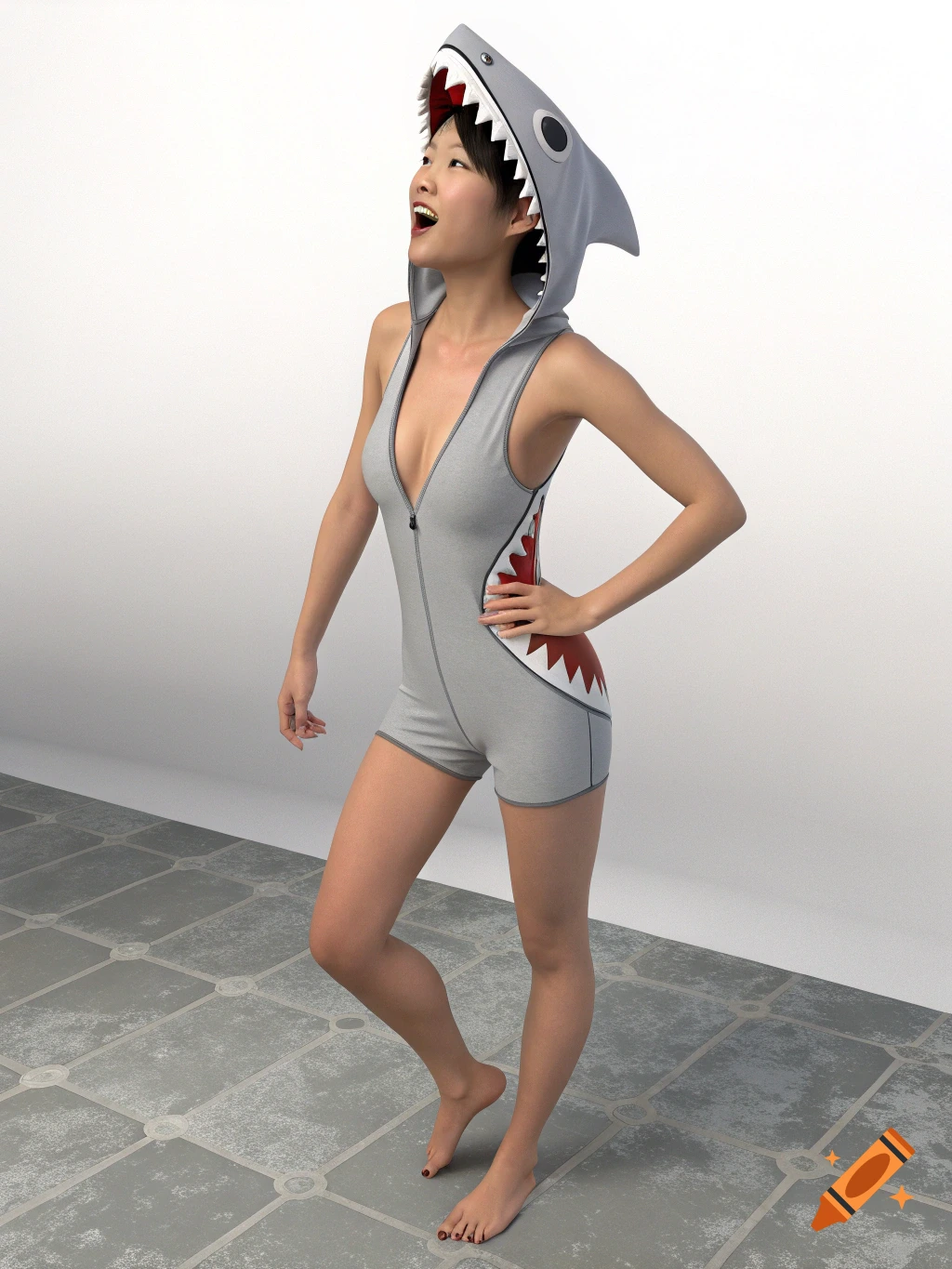 An Asian woman stands barefoot, looking up, wearing a grey shark-themed leotard with a deep v-neckline.