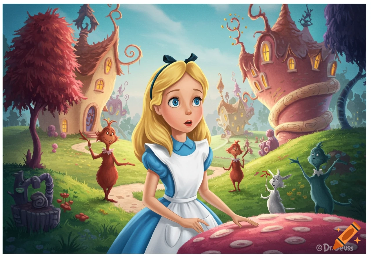 Alice in Wonderland stands in a whimsical, colorful Dr. Seuss-style landscape with strange buildings, red trees, and Whos.