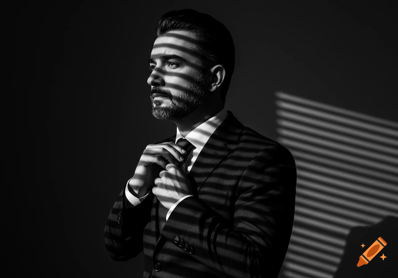 Black and white portrait of an elegant man in a suit adjusting his tie, with strong side lighting casting horizontal shadows.
