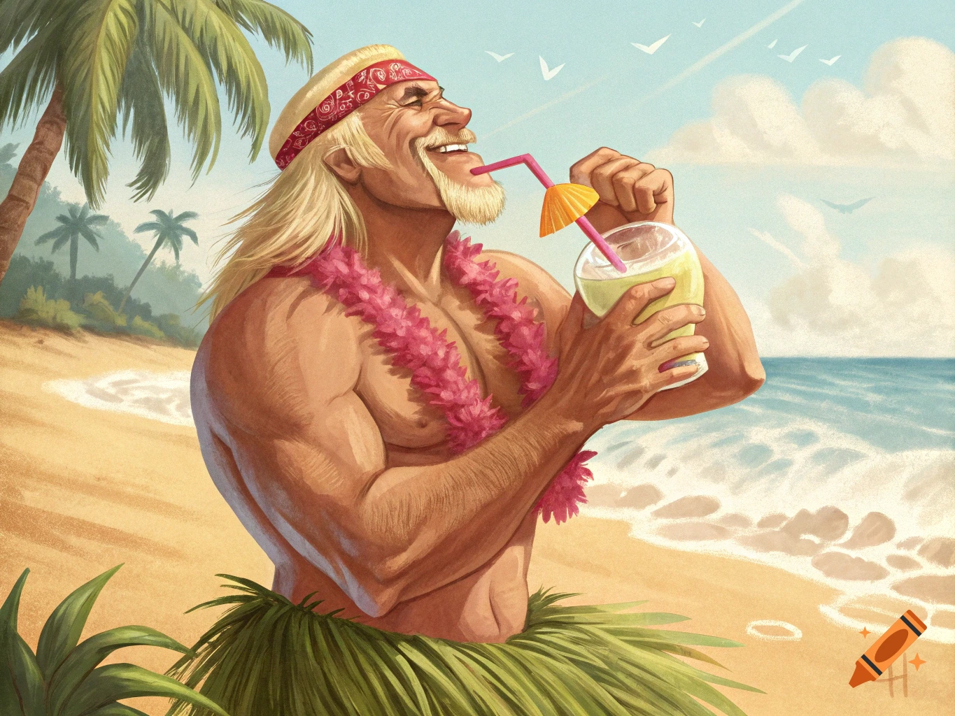 An illustrated depiction of Hulk Hogan on a beach, wearing a grass skirt and a lei, happily drinking a Pina Colada with a pink straw.