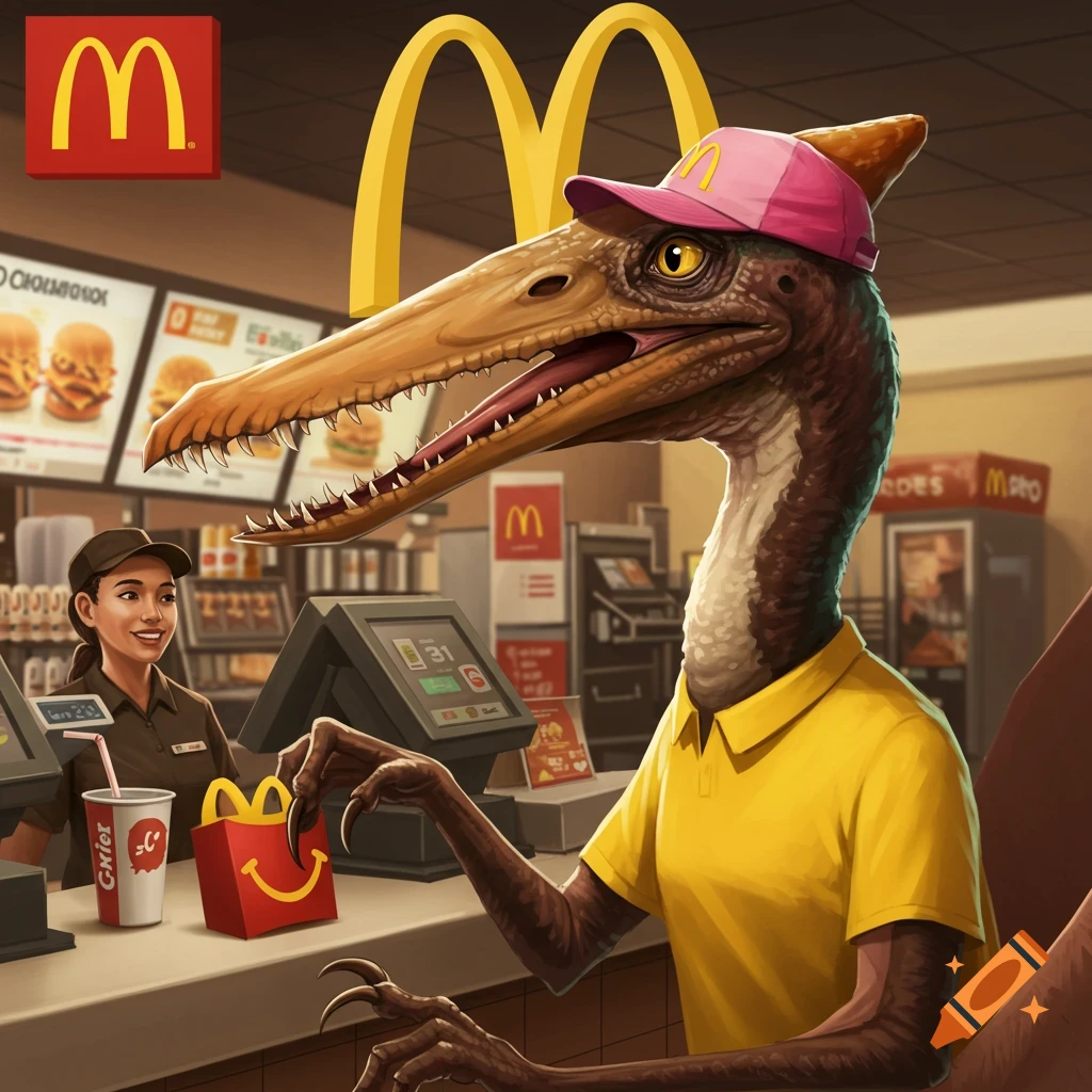A pterosaur wearing a pink hat and yellow shirt orders a Happy Meal from a human cashier at a McDonald's restaurant.