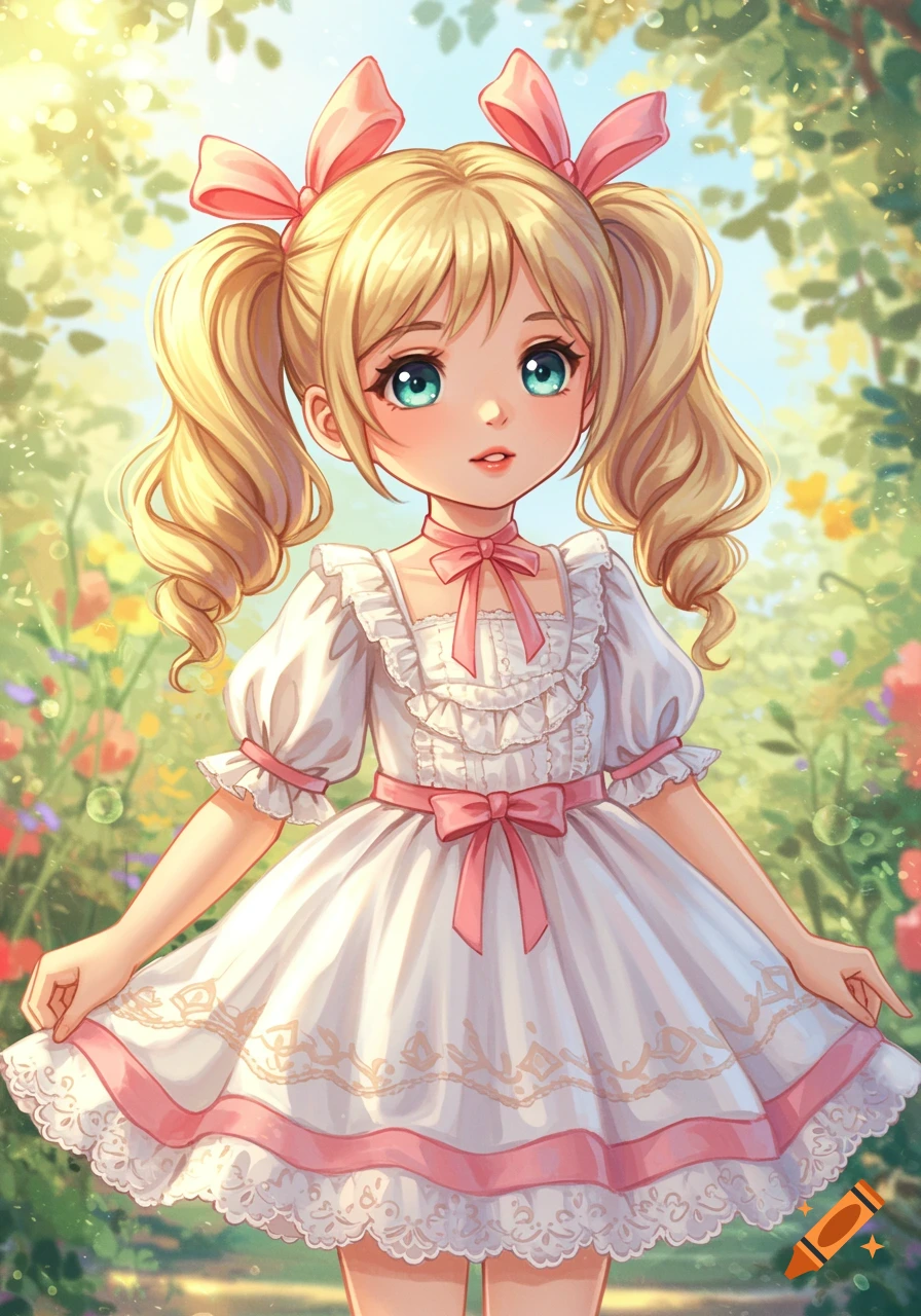 A cute anime girl with blonde pigtails and pink bows, wearing a white and pink ruffled dress, stands in a sunny garden.