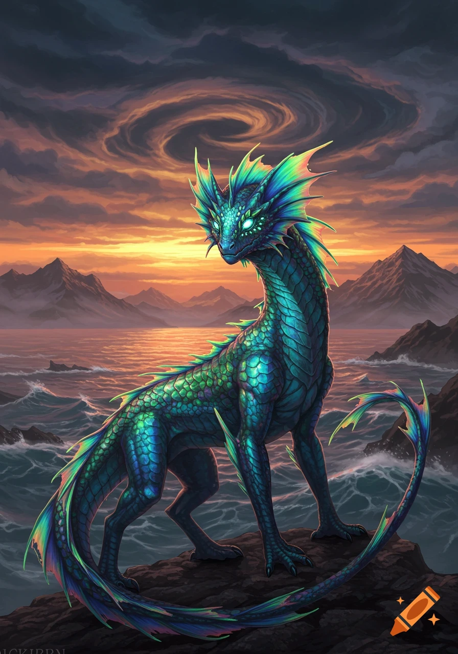 An iridescent green and blue dragon-like creature stands on rocks by a turbulent ocean at sunset with swirling clouds.