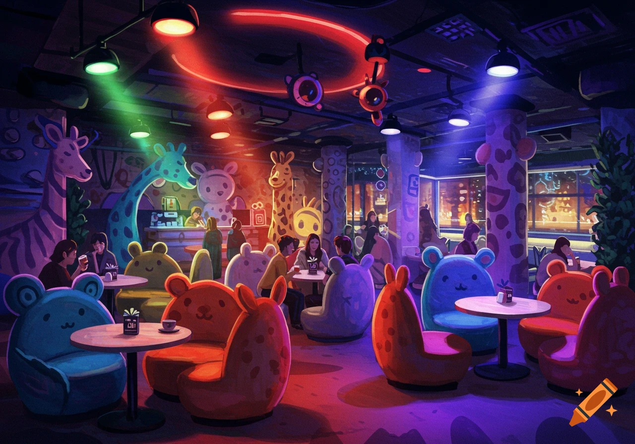 A vibrant, animal-themed cafe at night, illuminated by red, green, and blue lights, with people seated on bear-shaped chairs.