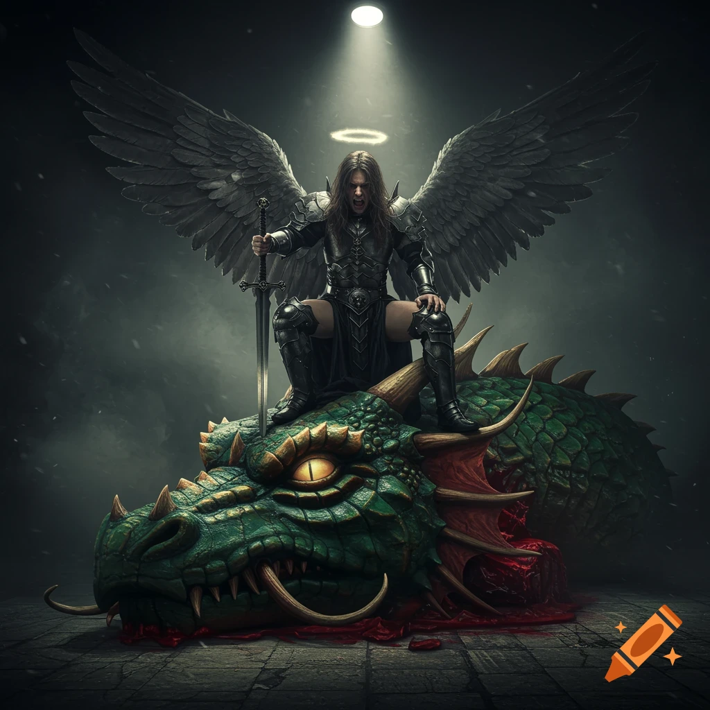 A heavy metal angel with large wings and a halo, holding a sword while sitting on the decapitated head of a green dragon, in a dark fantasy setting.