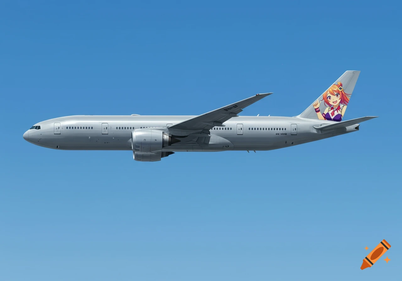 A silver Boeing 777 airplane with an anime character painted on its tail, flying against a clear blue sky.