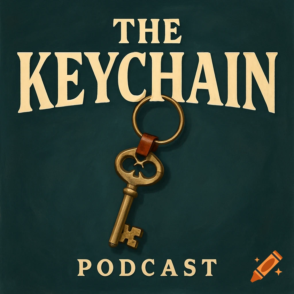 A vintage-style logo featuring a golden ornate key hanging from the stylized text "THE KEYCHAIN", with "PODCAST" below.