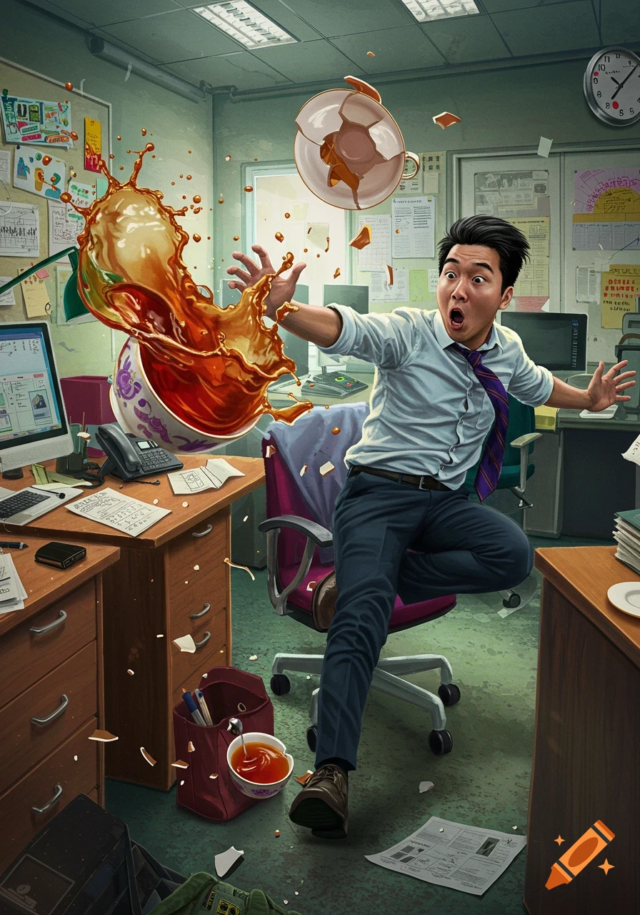 A man with a shocked expression spills a teacup, sending tea splashing upwards in a messy office environment.