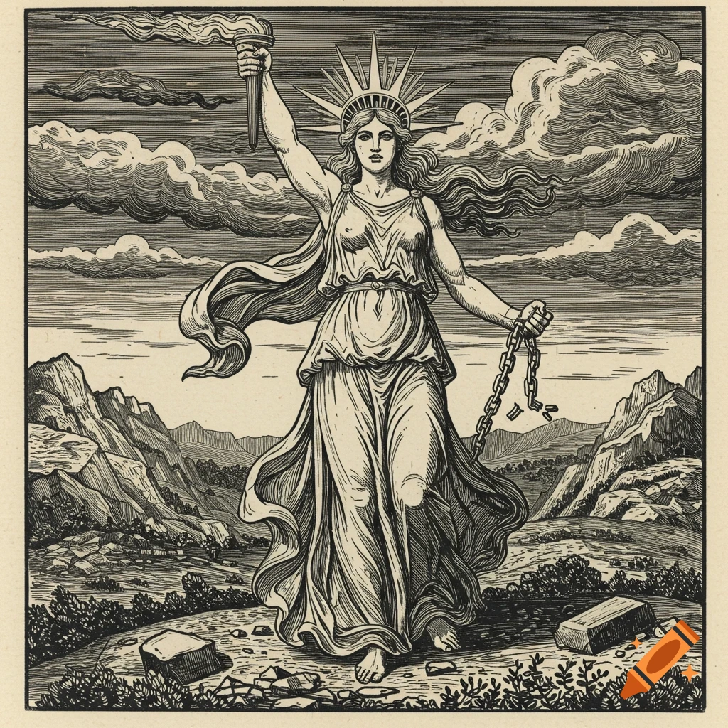 Monochrome woodcut print of a classical personification of liberty, holding a torch and broken chains, standing in a mountainous landscape.
