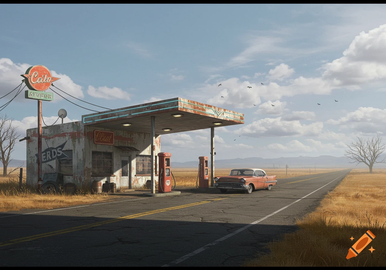 An old, rusty gas station with two red pumps and a vintage orange car sits on a long, empty highway under a cloudy sky in a dry, grassy landscape.