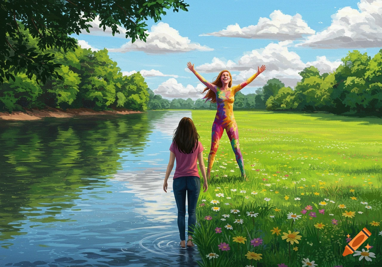 Two women by a river in a vibrant, illustrated landscape. One stands in the water, the other, covered in colorful paint, stands arms outstretched in a flowery field.