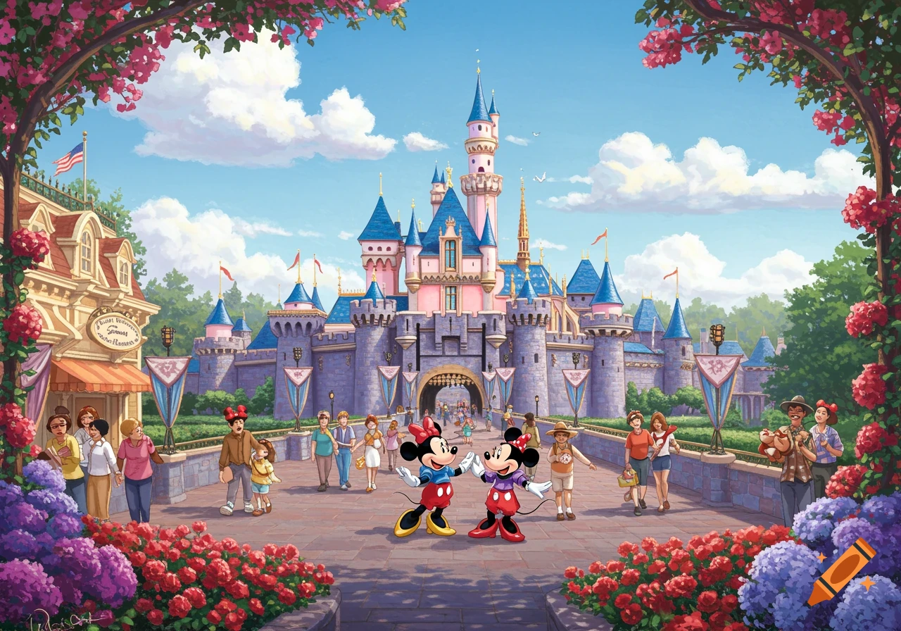 An illustration of Disneyland, with Sleeping Beauty Castle in the background, surrounded by blooming flowers. Mickey and Minnie Mouse stand in the foreground on a paved path, greeting visitors.