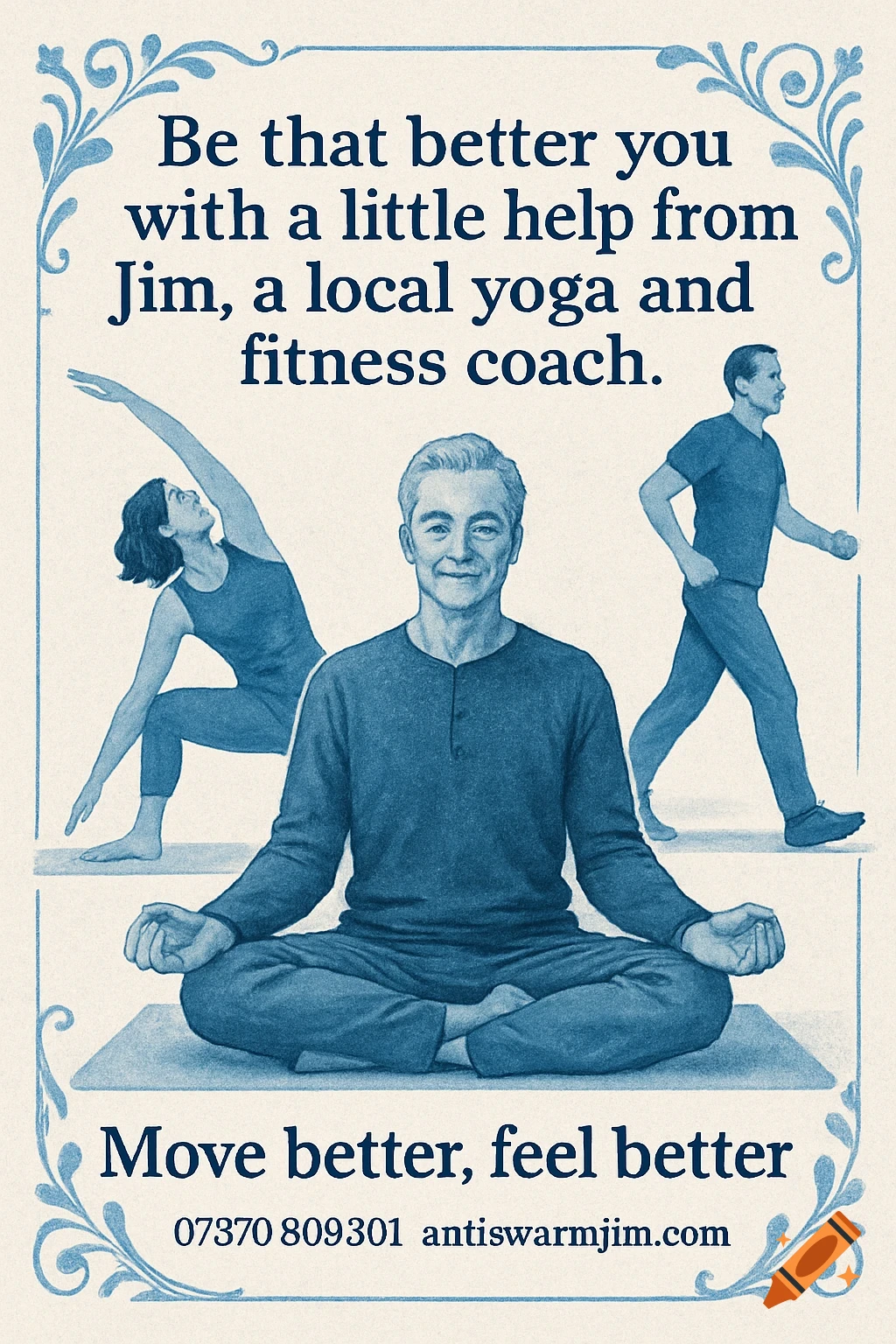 An illustration in blue tones on a cream background shows a man meditating, a woman stretching, and another man walking. Decorative filigree borders the image with text advertising a yoga and fitness coach.