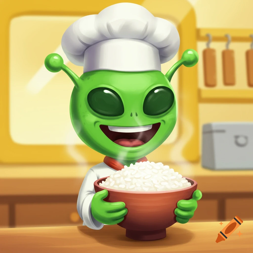 A cheerful green alien chef wearing a white hat holds a steaming bowl of rice.